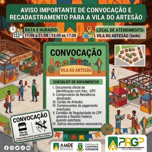 COMEÇA HOJE! CONVOCAÇÃO PARA RECADASTRAMENTO NA VILA DO ARTESÃO